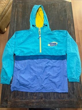 Dutch Bros Teal, Blue & Yellow Colorblock Hooded Rain Pullover
